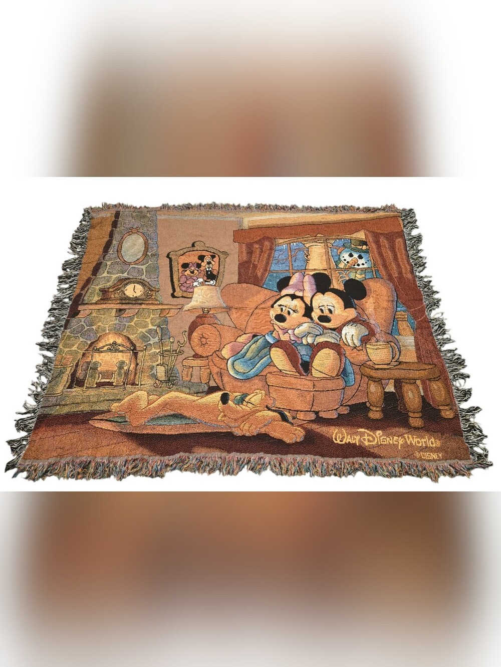 Vtg Walt Disney World Mickey Mouse Minnie Pluto Snowman Tapestry Throw Blanket